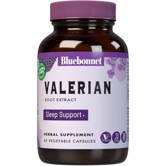 Bluebonnet Valerian Root Extract 60 vegetable capsules front bottle view for natural sleep support.