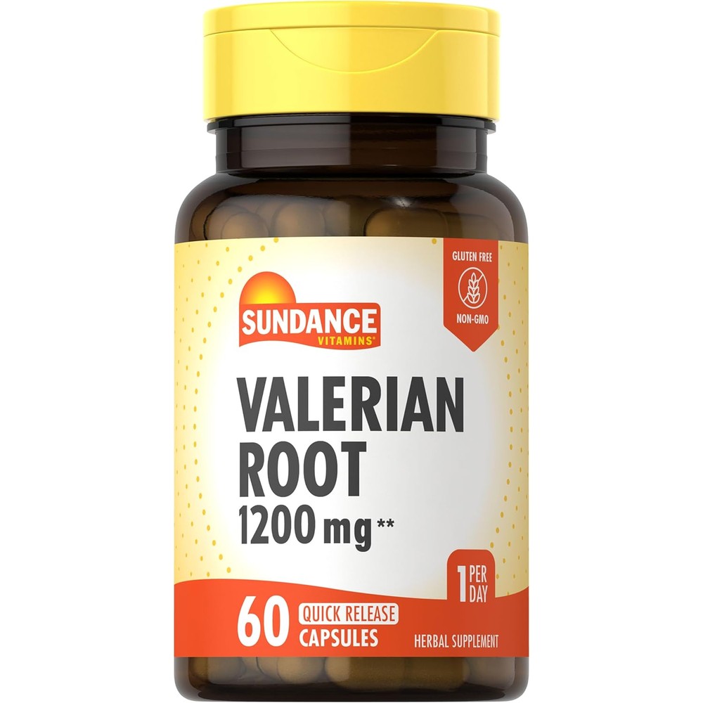 Sundance Vitamins Valerian Root 1200mg bottle front view featuring yellow cap and 60 quick release capsules