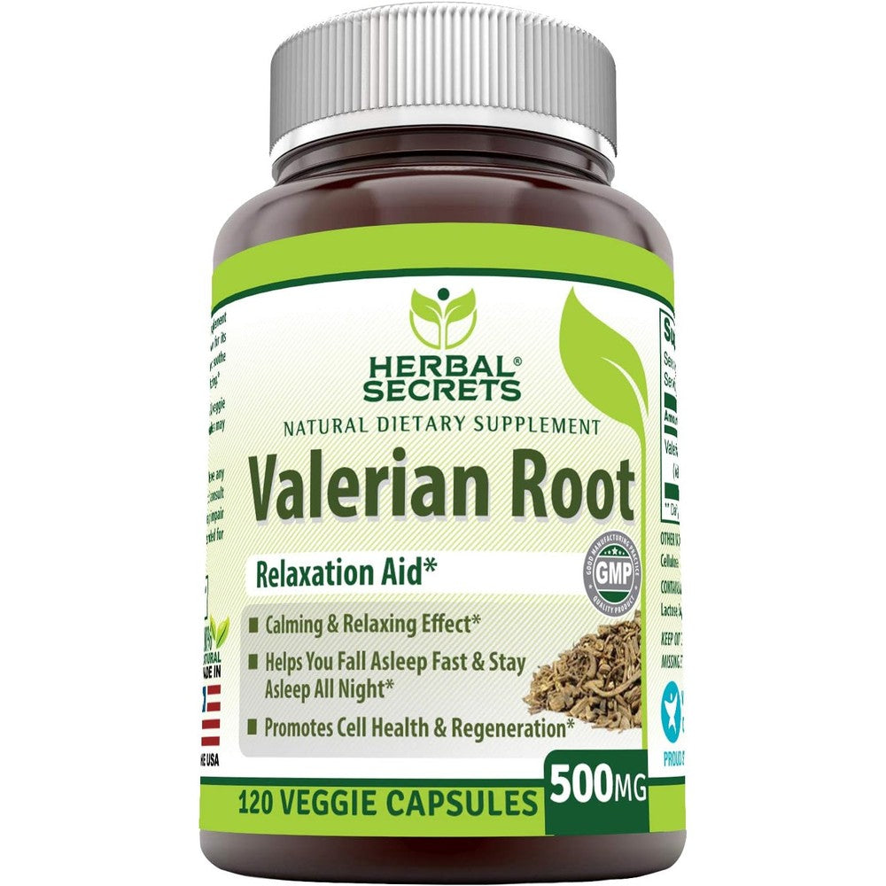 Herbal Secrets Valerian Root 500mg 120 vegetable capsules front view bottle showing natural sleep aid benefits.