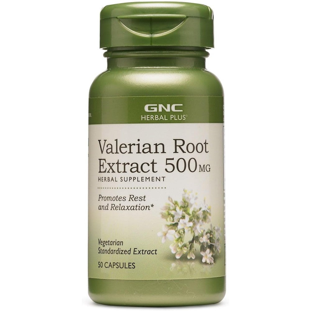 GNC Herbal Plus Valerian Root Extract 500 Milligrams bottle front view showing product labels
