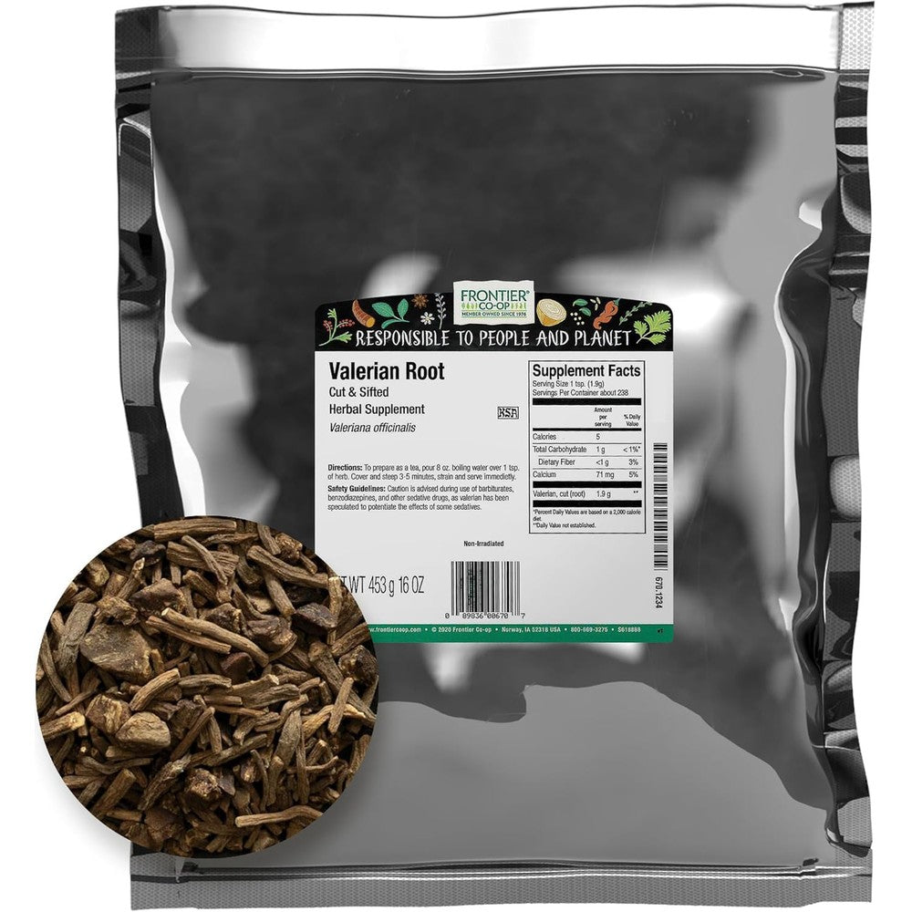 Frontier Co-op Cut and Sifted Valerian Root supplement front view of one pound bulk bag