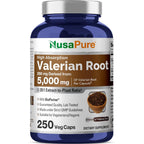 NusaPure Valerian Root 5000mg 250 veggie capsules bottle front view showing label details.