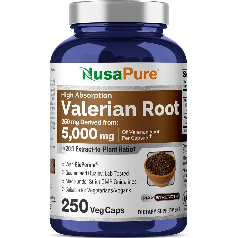 NusaPure Valerian Root 5000mg 250 veggie capsules bottle front view showing label details.