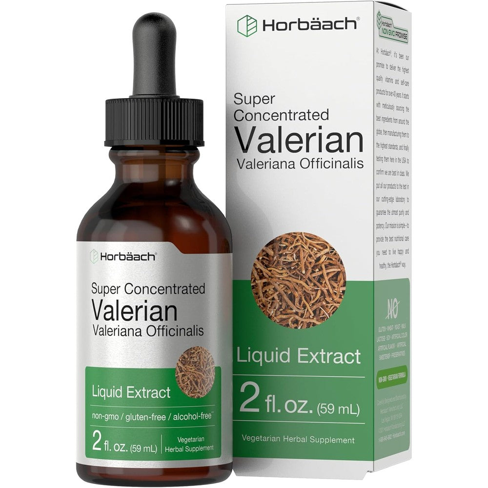HorbÃ¤ach Valerian Root Extract Drops 2 Fluid Ounces bottle front view for natural relaxation supplement.
