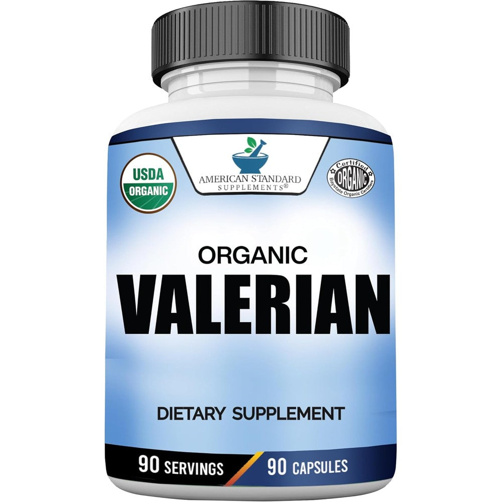 American Standard Supplements Organic Valerian Root 90 capsules front bottle view showing USDA organic certification seal.