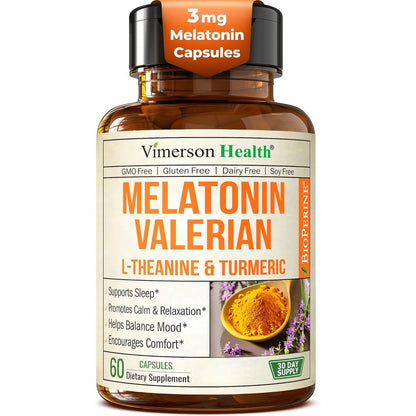 Vimerson Health Melatonin Three Milligrams Sleep Aid and Turmeric Supplement sixty capsules front bottle view