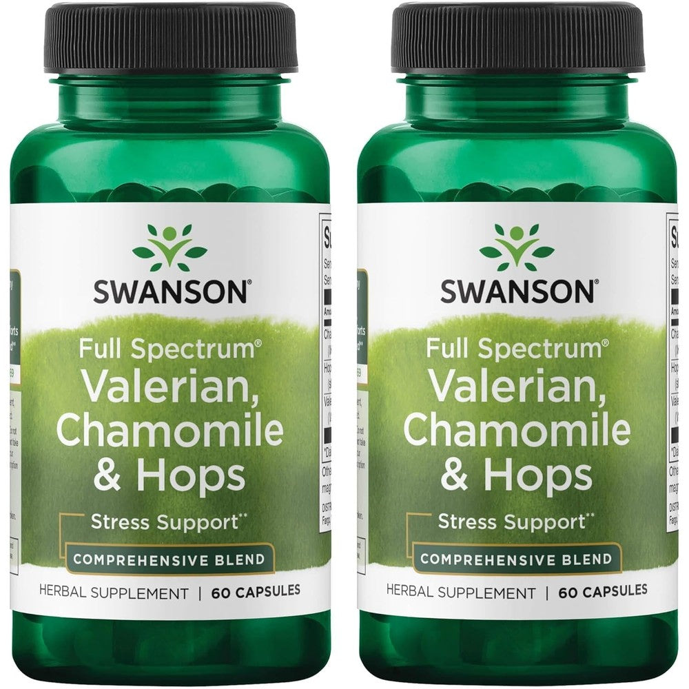 Swanson Valerian Chamomile And Hops Supplement Front View 60 Capsules