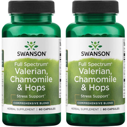 Swanson Valerian Chamomile And Hops Supplement Front View 60 Capsules