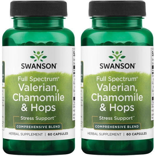 Swanson Valerian Chamomile And Hops Supplement Front View 60 Capsules