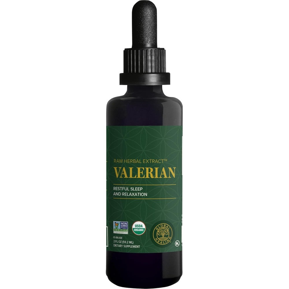 Global Healing Center Organic Valerian Root Extract liquid supplement front view bottle for natural sleep support