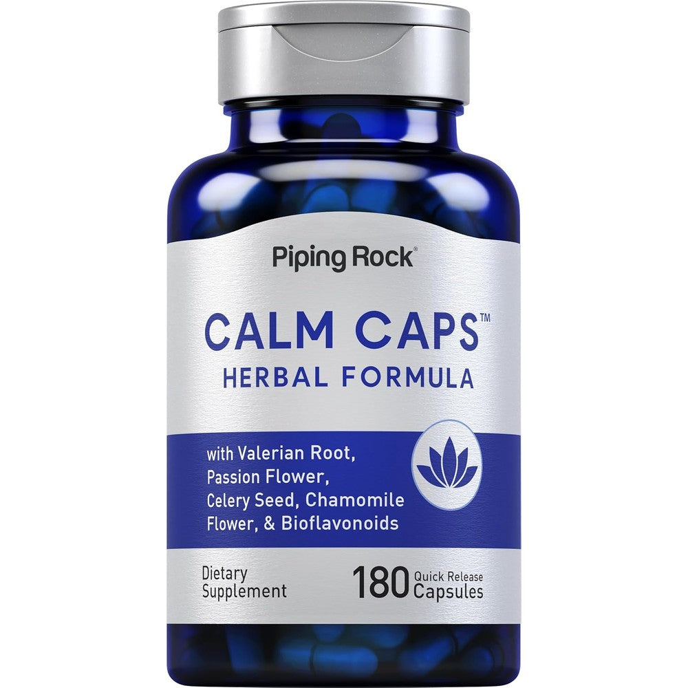 Piping Rock Calm Capsules 180 count front view bottle for natural relaxation.