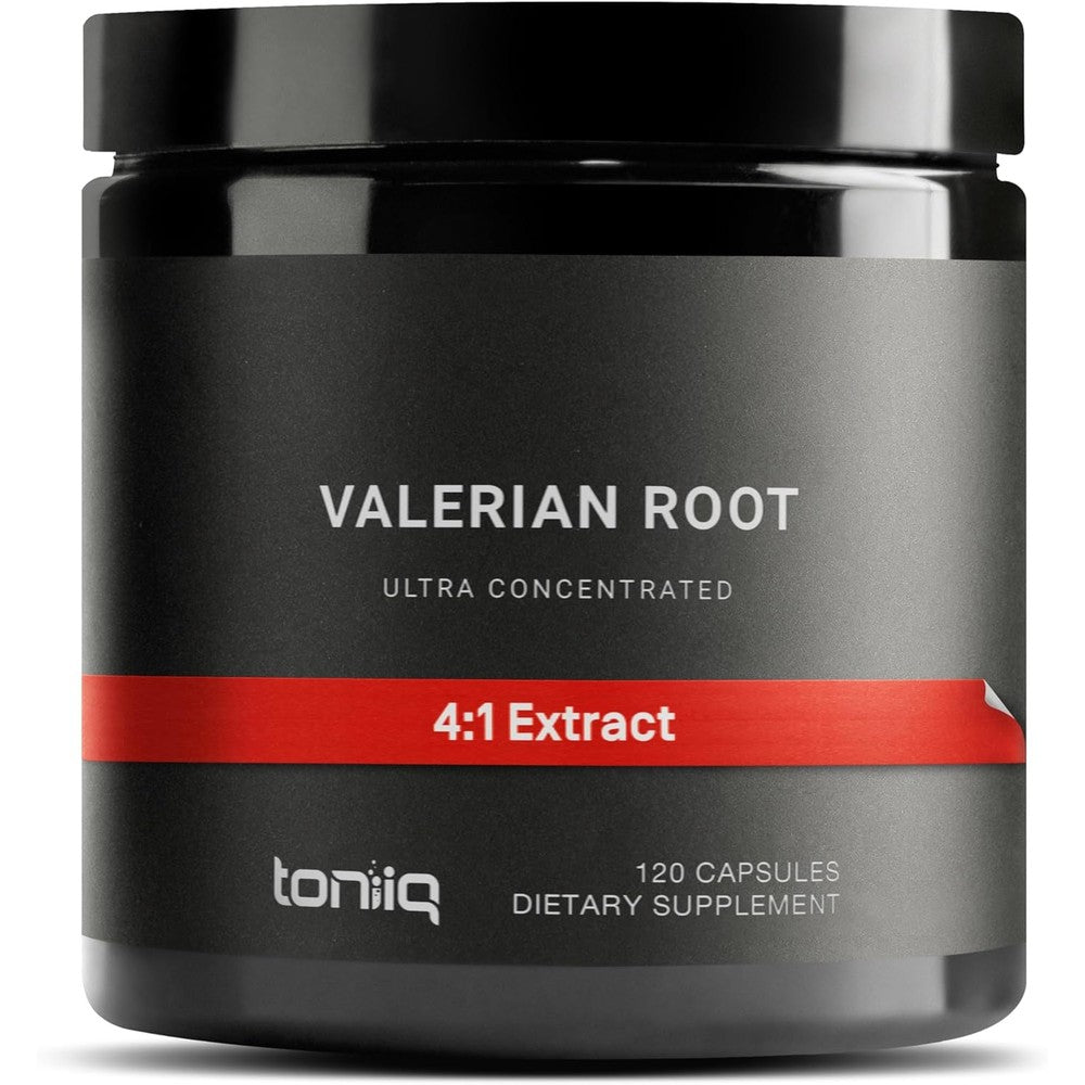 Toniiq Ultra High Strength Valerian Root supplement bottle front view showcasing product purity credentials