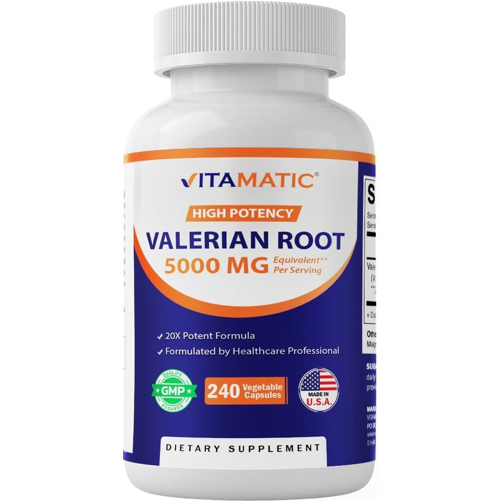 Vitamatic Valerian Root Extract 20:1 bottle front view showing 240 capsules packaging
