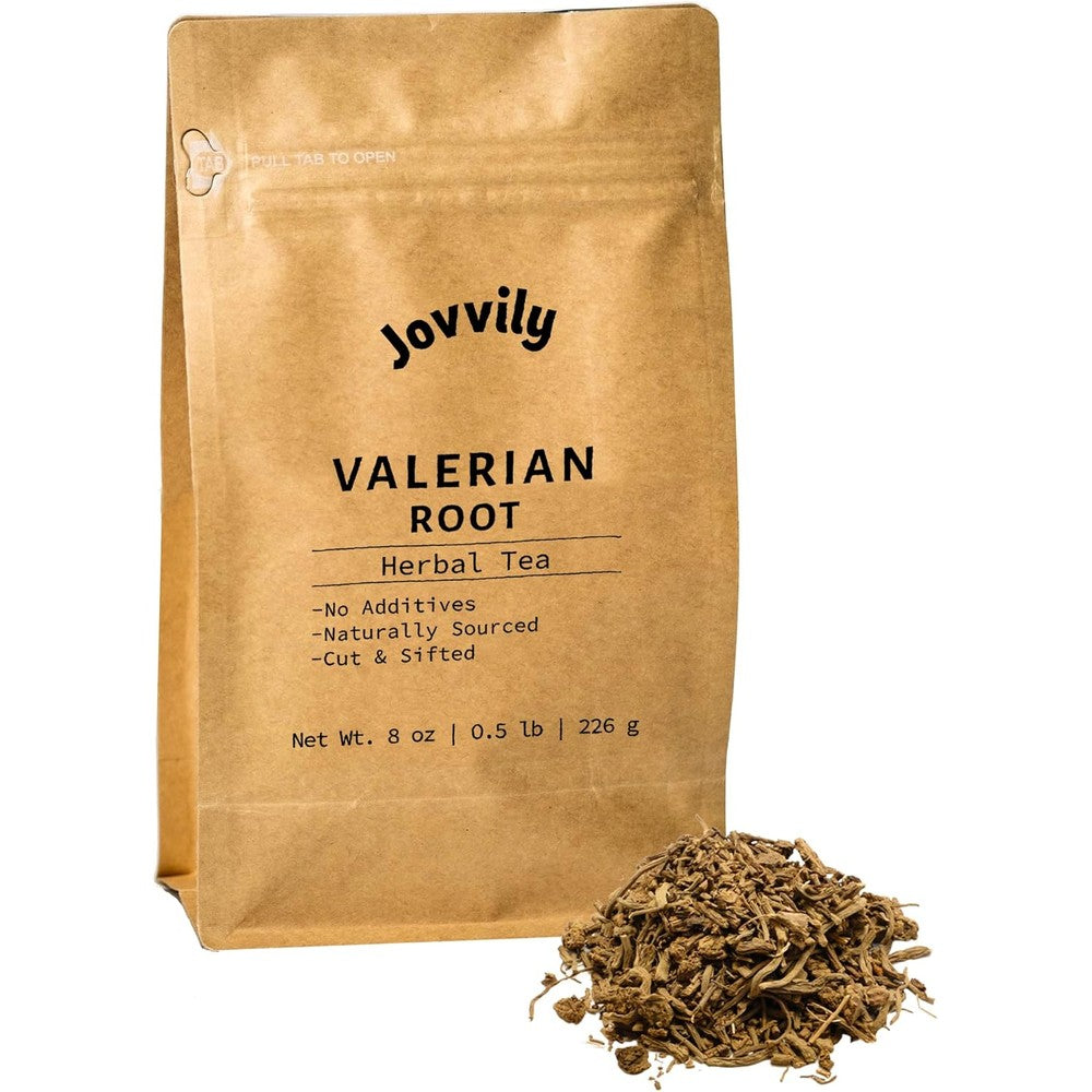 Jovvily Valerian Root Cut and Sifted Herbal Tea eight ounce brown paper pouch packaging front view.