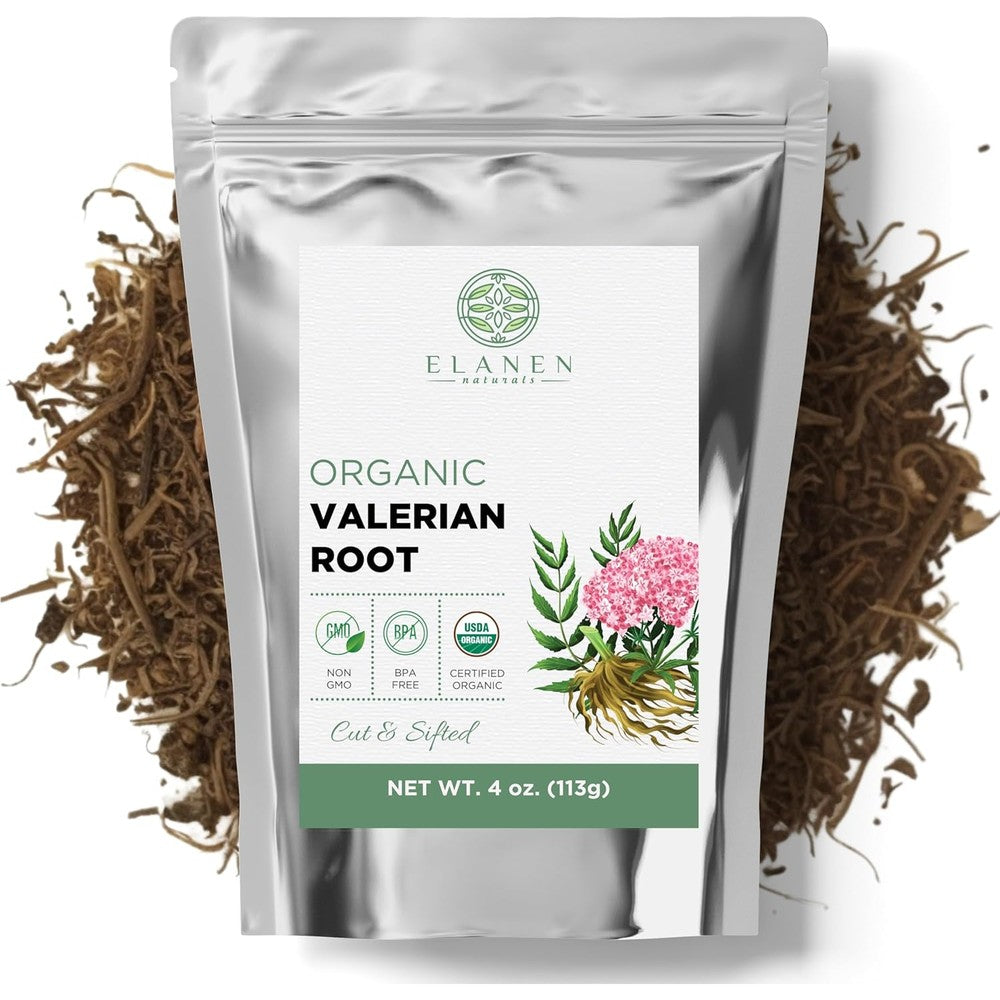 Elanen Naturals Organic Valerian Root packaging front view highlighting USDA certified organic label for herbal tea.