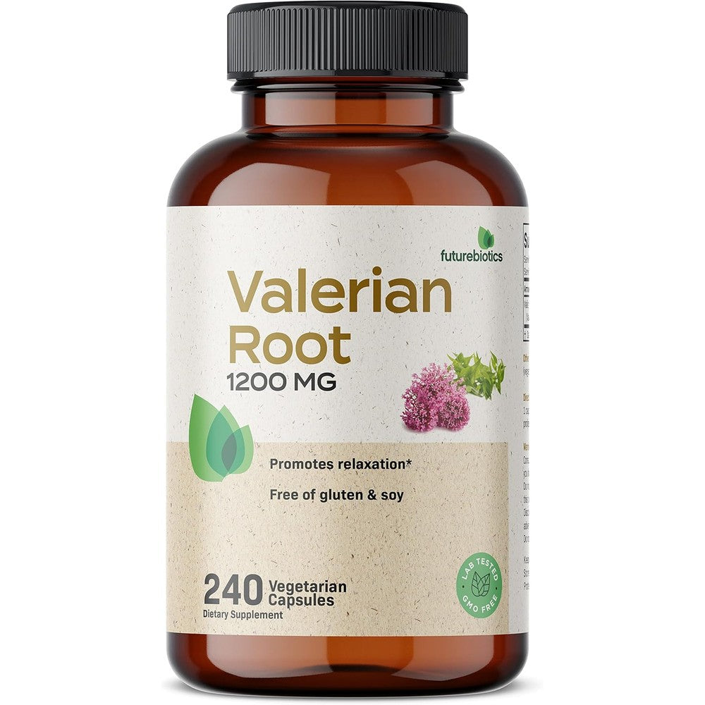 Futurebiotics Valerian Root 1200mg 240 vegetarian capsules front view bottle for natural relaxation support.