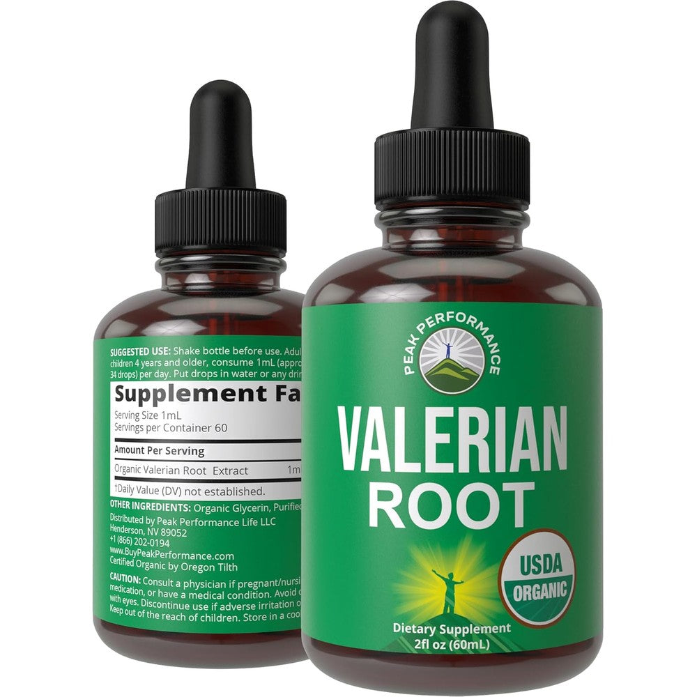 Peak Performance Organic Valerian Root Drops front view showing organic certification label