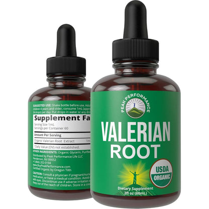 Peak Performance Organic Valerian Root Drops front view showing organic certification label