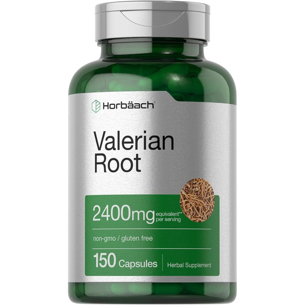 Horbaach Valerian Root 150 Capsules front view bottle showing 2400mg serving size