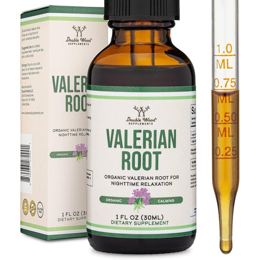 Double Wood Supplements Organic Valerian Root Drops front view of bottle for natural sleep aid