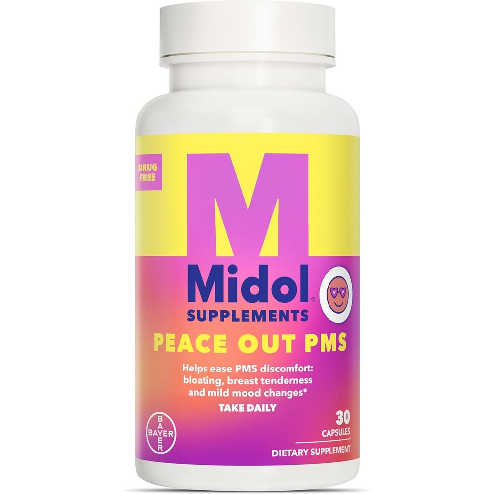 Midol Peace Out PMS Support Supplement front view bottle for menstrual relief