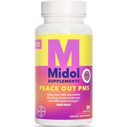 Midol Peace Out PMS Support Supplement front view bottle for menstrual relief