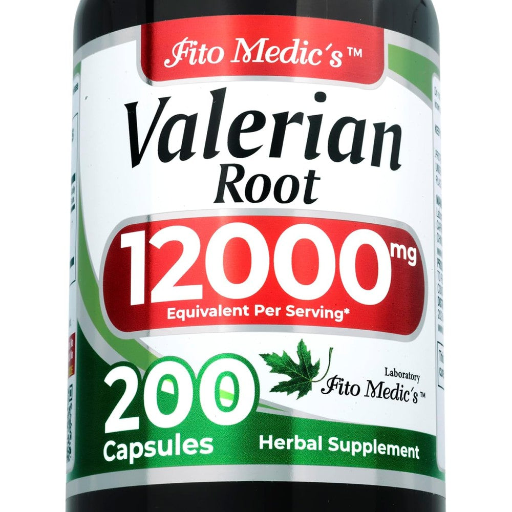 Fito Medics Lab Valerian Root 12000mg 200 capsules front view bottle showing premium herbal supplement packaging.