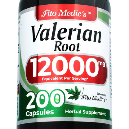 Fito Medics Lab Valerian Root 12000mg 200 capsules front view bottle showing premium herbal supplement packaging.
