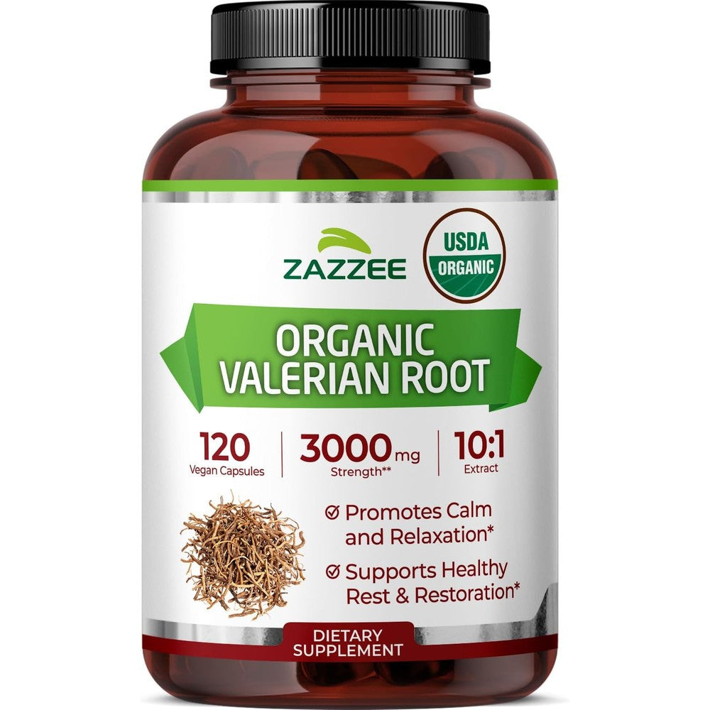 Zazzee USDA Organic Valerian Root 3000mg front view bottle packaging for sleep support.