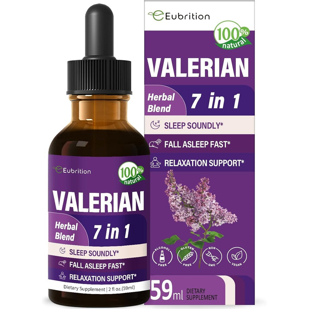 Eubrition Valerian Root and Passion Flower Sleep Support Drops amber glass bottle front view for natural sleep remedies.