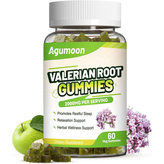 Agumoon Valerian Root 2000mg 60 Gummies front view bottle for natural sleep support.