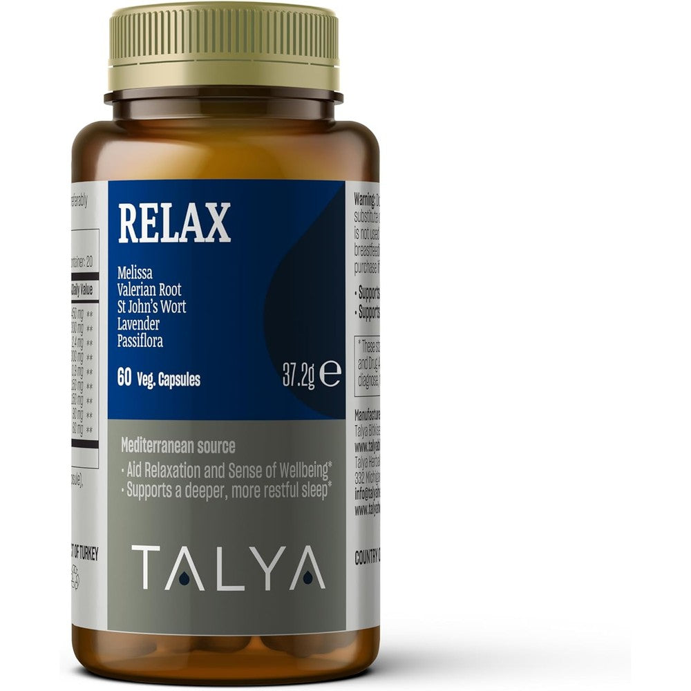 Talya Bitkisel Relax Sleep Support 60 capsules front view bottle showing natural sleep relax tablets formulation.