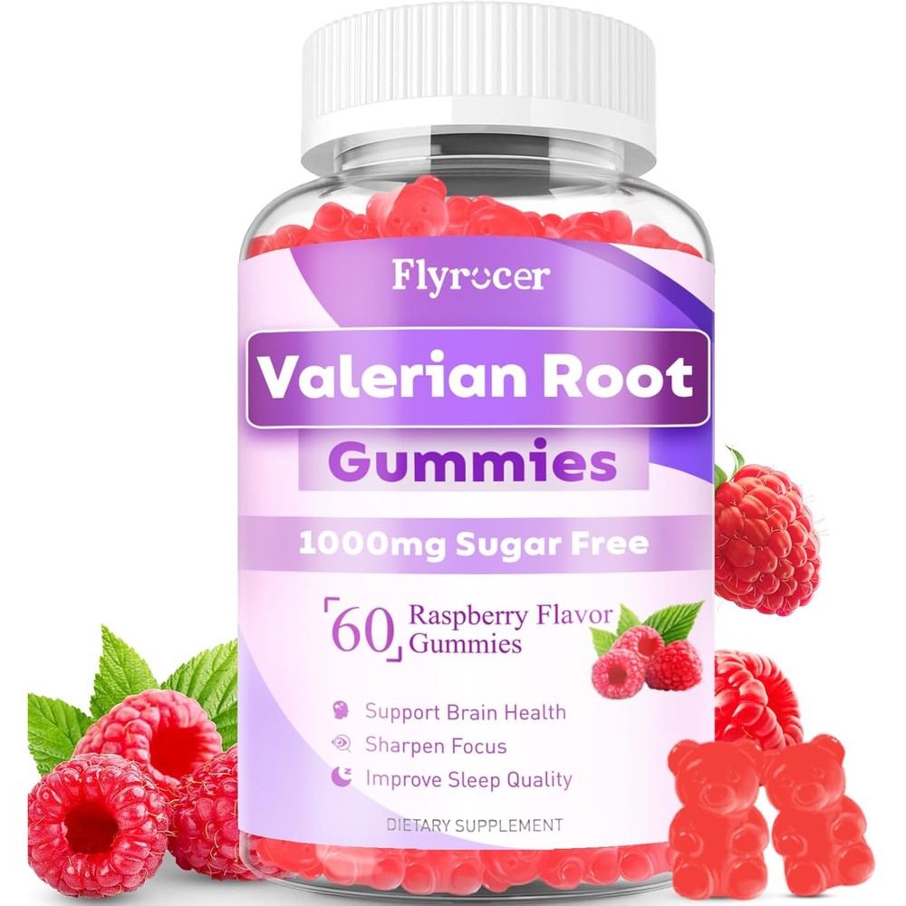 Flyrocer Sugar Free Valerian Root Gummies front view bottle for natural sleep aid.