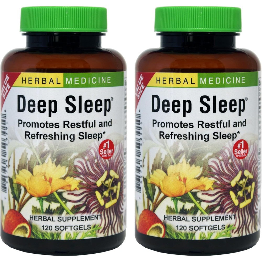Herbs Etc Deep Sleep 120 Softgels bottle front view showcasing herbal sleep support formula.