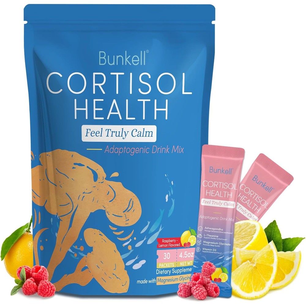 Bunkell Cortisol Powdered Drink Mix front view of the packaging showcasing raspberry lemonade flavor details.