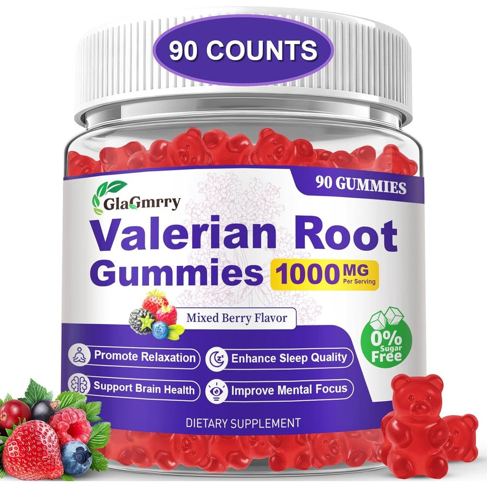 Glagmrry Valerian Herb Root Extract 1000mg Gummies front view of the ninety count bottle showcasing mixed berry flavor sleep supplements.
