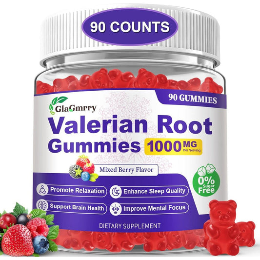 Glagmrry Valerian Herb Root Extract 1000mg Gummies front view of the ninety count bottle showcasing mixed berry flavor sleep supplements.