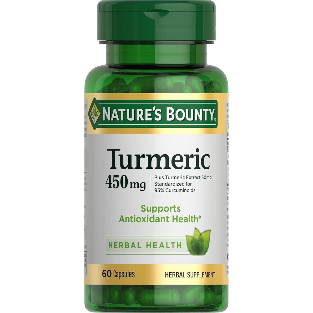 Nature's Bounty Turmeric Curcumin 450 Milligrams 60 Capsules green bottle front view showing product labels