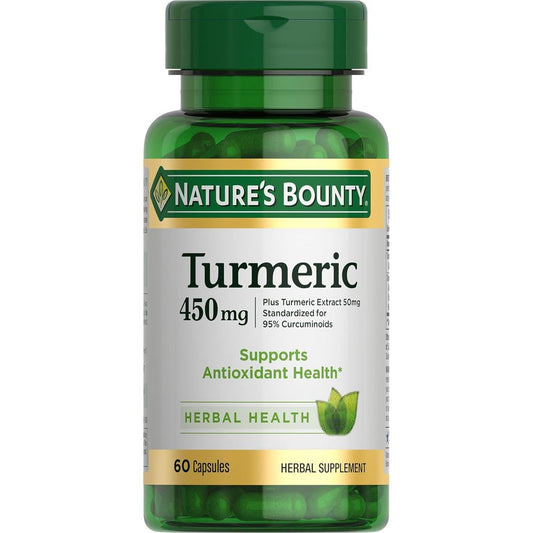 Nature's Bounty Turmeric Curcumin 450 Milligrams 60 Capsules green bottle front view showing product labels