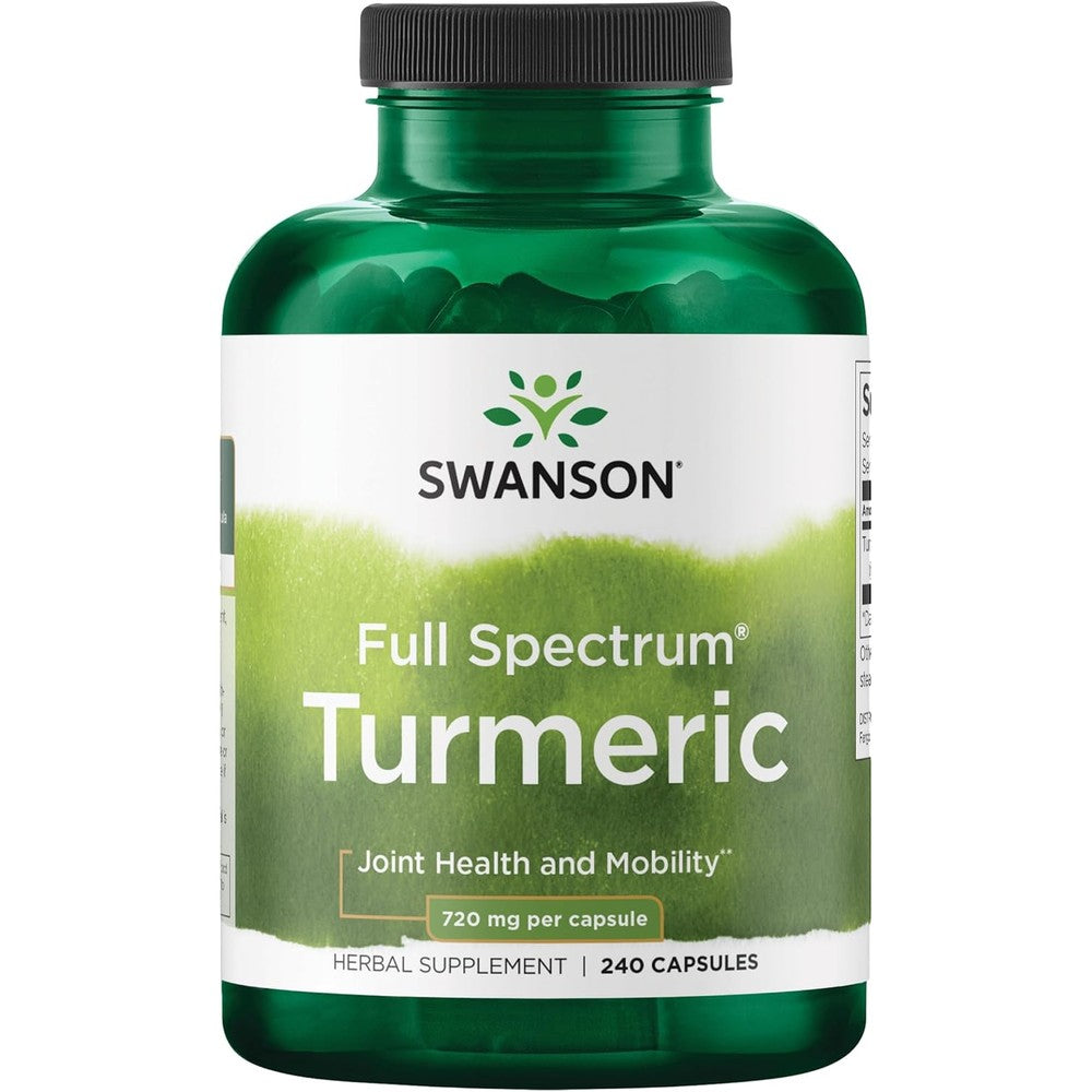Swanson Full Spectrum Turmeric 720 Milligrams 240 Capsules front view green bottle showing joint support benefits