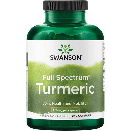 Swanson Full Spectrum Turmeric 720 Milligrams 240 Capsules front view green bottle showing joint support benefits