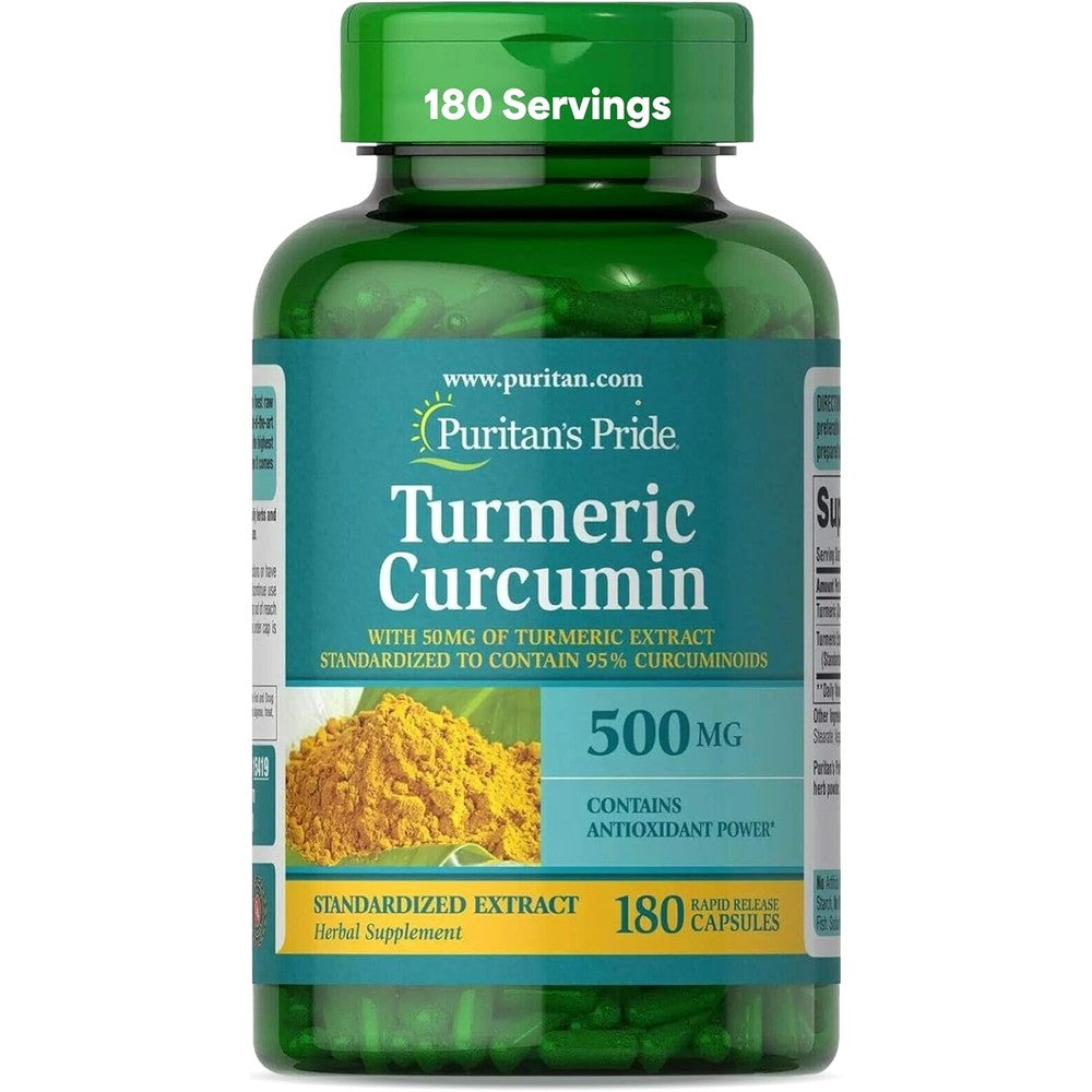 Puritan's Pride Turmeric Curcumin 500mg 180 capsules front view showing the product label and amber packaging bottle.