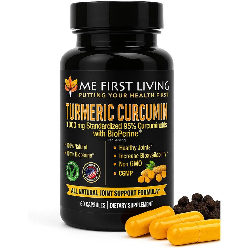 Me First Living Turmeric Curcumin 1000mg 60 Capsules bottle front view showing ninety-five percent curcuminoids label.