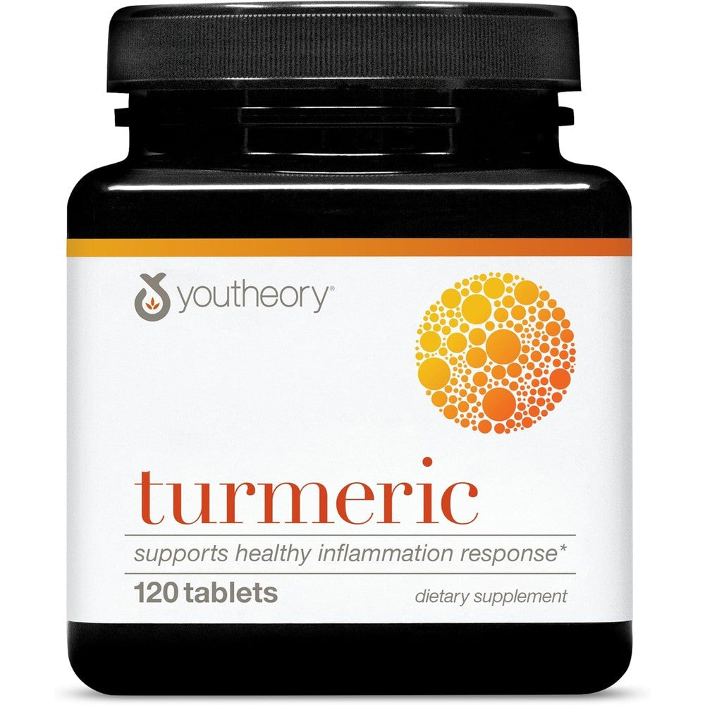 Youtheory Turmeric Advanced Formula 120 Tablets front view showing the product packaging and key ingredient highlights.