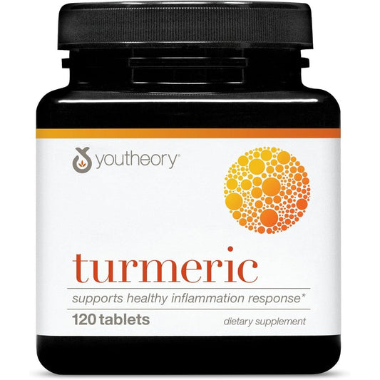 Youtheory Turmeric Advanced Formula 120 Tablets front view showing the product packaging and key ingredient highlights.