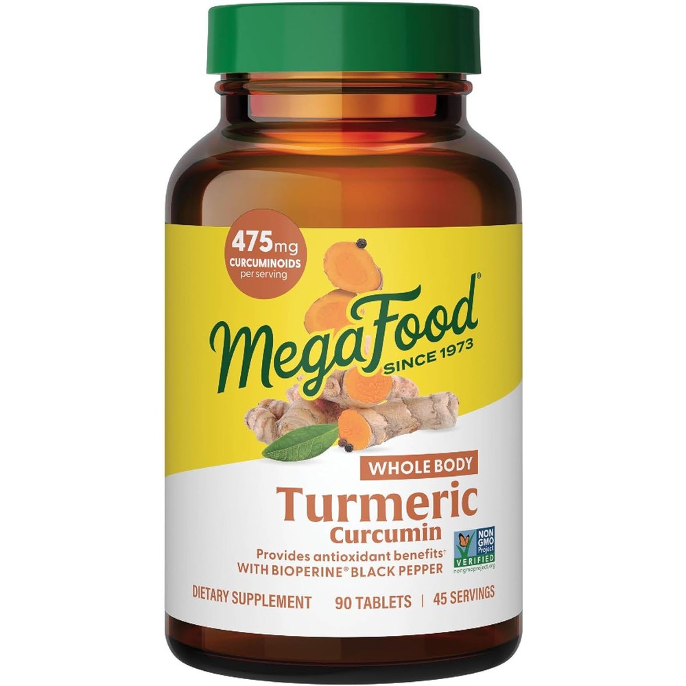 MegaFood Whole Body Turmeric Curcumin 90 Tablets front bottle view showing premium herbal supplement packaging.