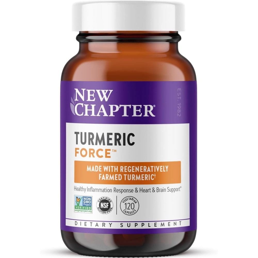 New Chapter Turmeric Force 120 vegetarian capsules front view packaging showing authentic USA imported supplement bottle.