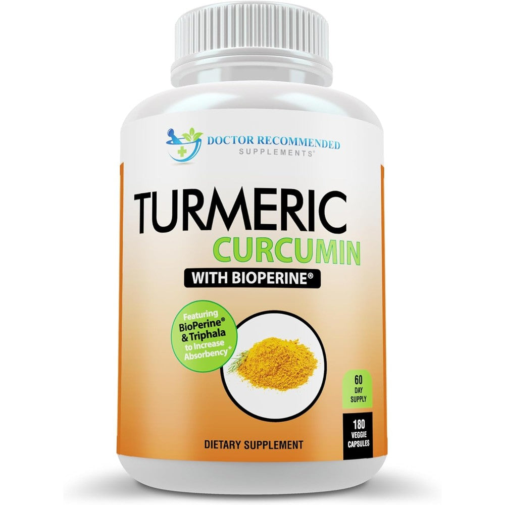 Doctor Recommended Turmeric Curcumin 2250mg front view of 180 veggie capsules bottle for joint health