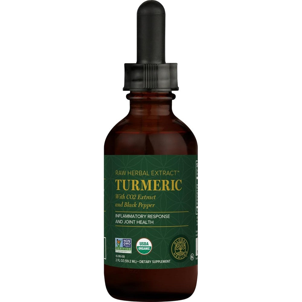 Global Healing Organic Liquid Turmeric Curcumin 2 fluid ounce bottle front view for premium joint mobility support.