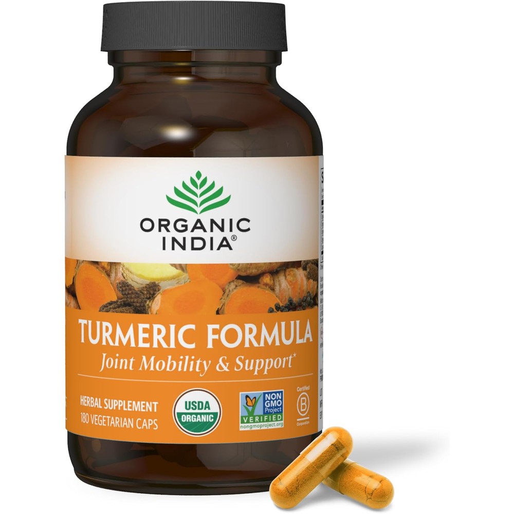 Organic India Turmeric Curcumin 180 capsules front view bottle for joint health